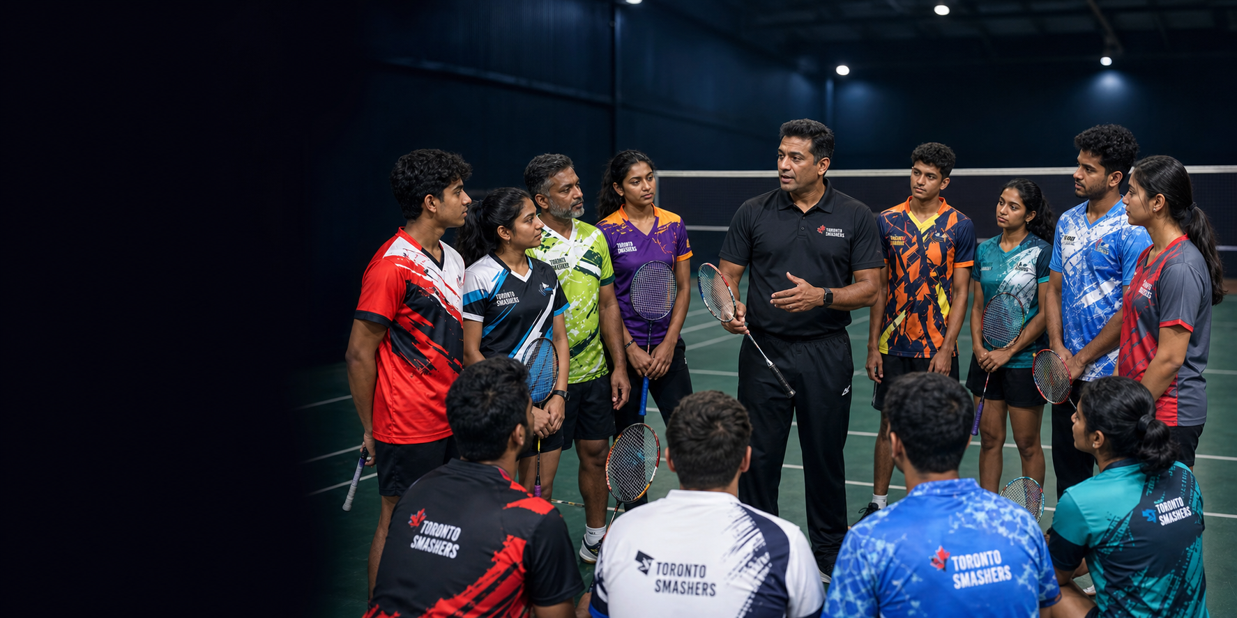 Toronto Smashers coach instructing attentive players wearing a variety of the club's jersey designs