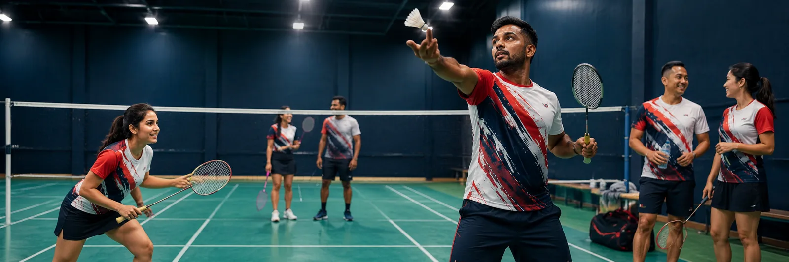 Members playing doubles across several courts during open play