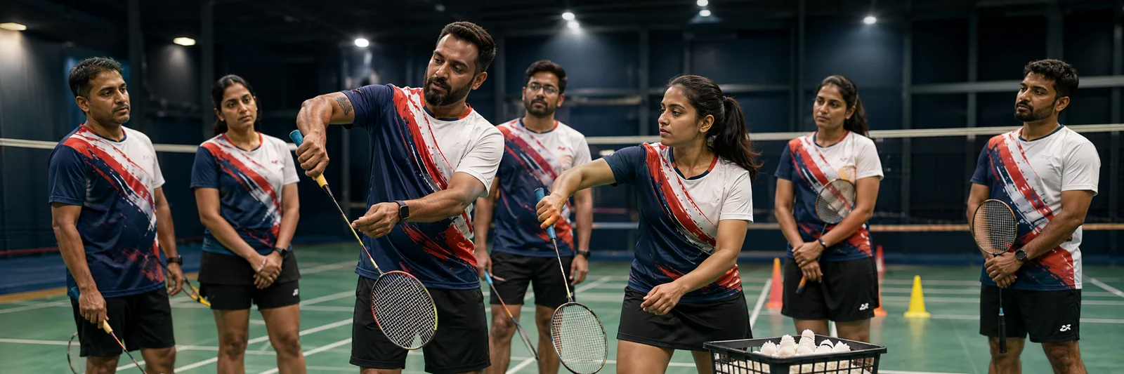 Adult players receiving one-on-one racket grip coaching