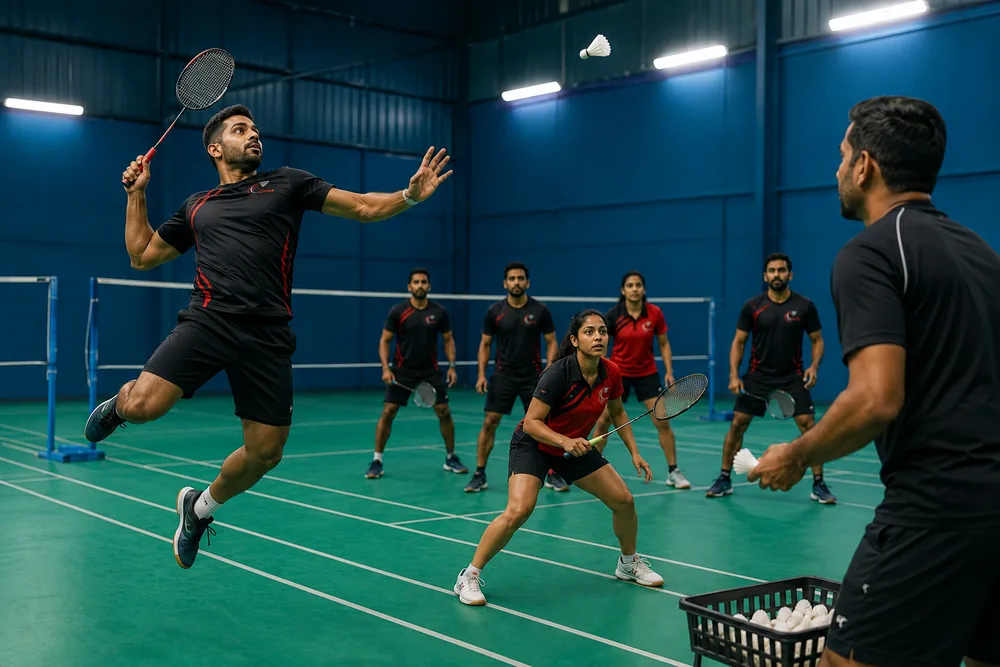 Adult players in a group drill returning shuttles fed by their coach