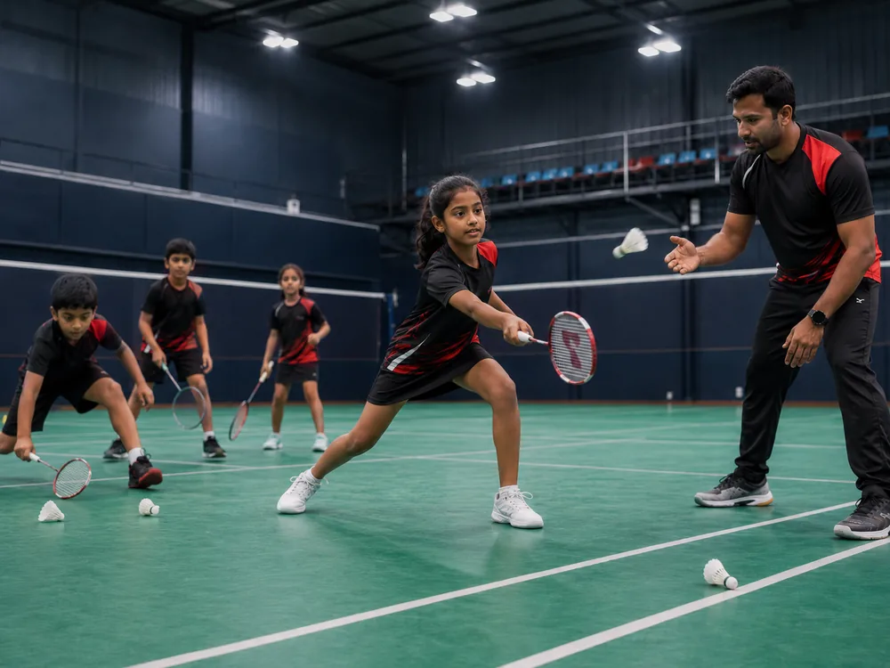 A young player lunging for a shot as a Toronto Smashers coach guides a junior training session